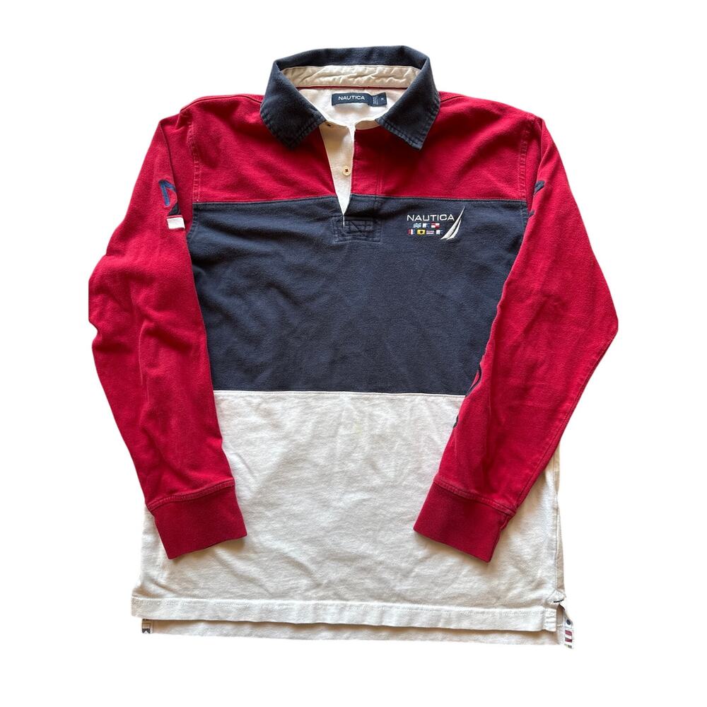 Vintage Nautica Red White Blue Navy Collar Sleeve Hit Logo M Cotton Rugby Shirt